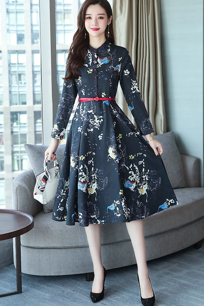 Fashion Autumn Winter Floral Dress Plus 