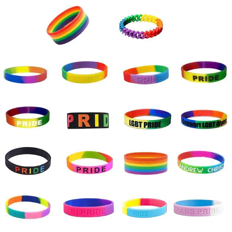 18 Types Unisex LGBT Rainbow Letters Sports Wristband Six-Color Gay Lesbian Pride Silicone Rubber Wristlet Bracelet Party Parade