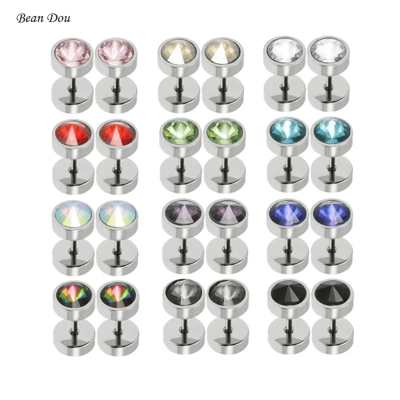 1pair fashion men's stud earrings barbell ear studs pendientes stainless steel crystal 12 colors 8mm anti-allergic punk jewelry-animated-img