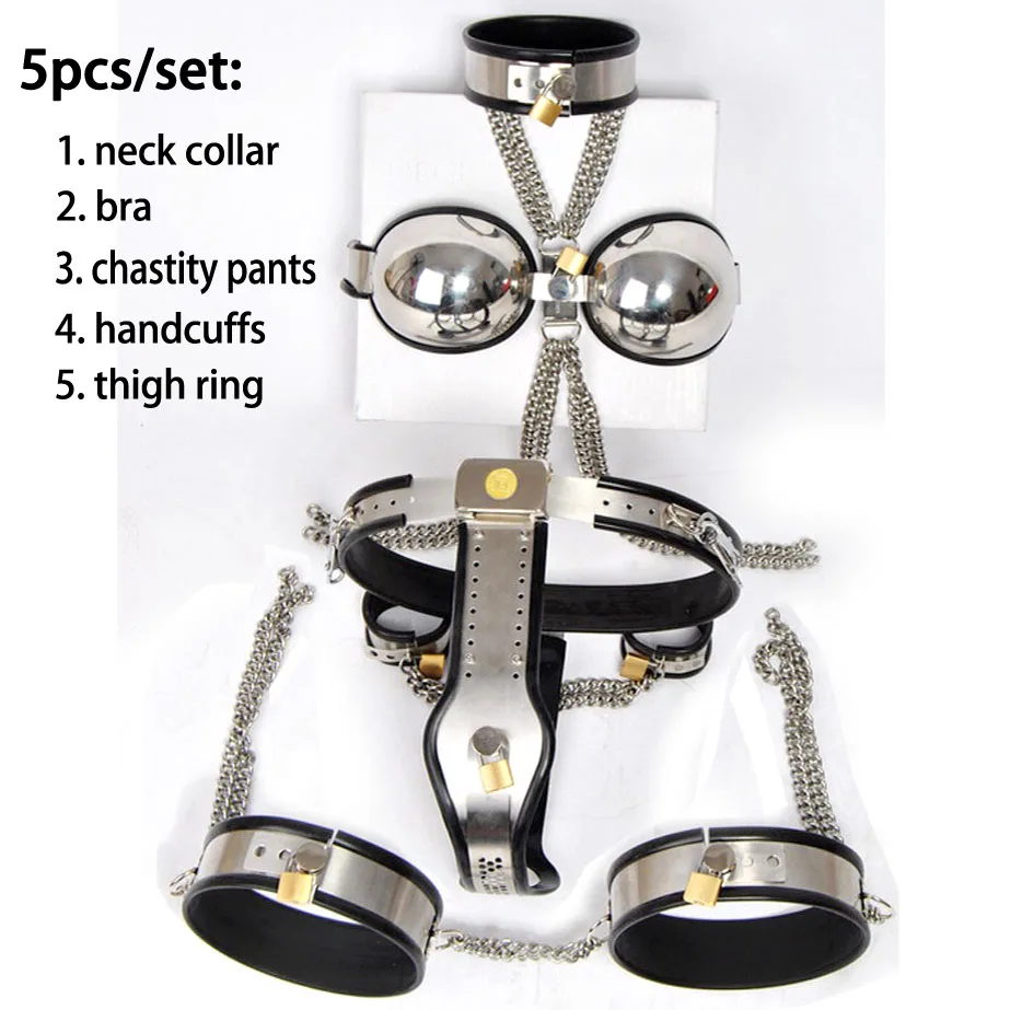 Купить Секс товары | 5pcs/set stainless steel chastity device bondage kit  handcuffs neck collar bra bdsm bondage fetish wear female chastity belt