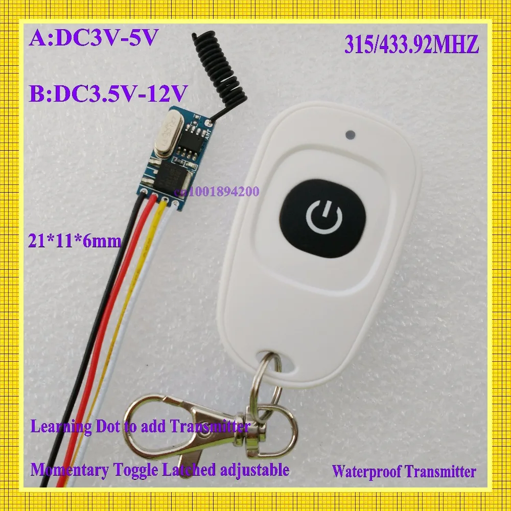 5V Mini RF Remote Switch 433 315 4.2V 4.5V 5V 6V 7.4V 9V 12V Small Relay  Contact Wireless Switches NO COM NC Push Button Door