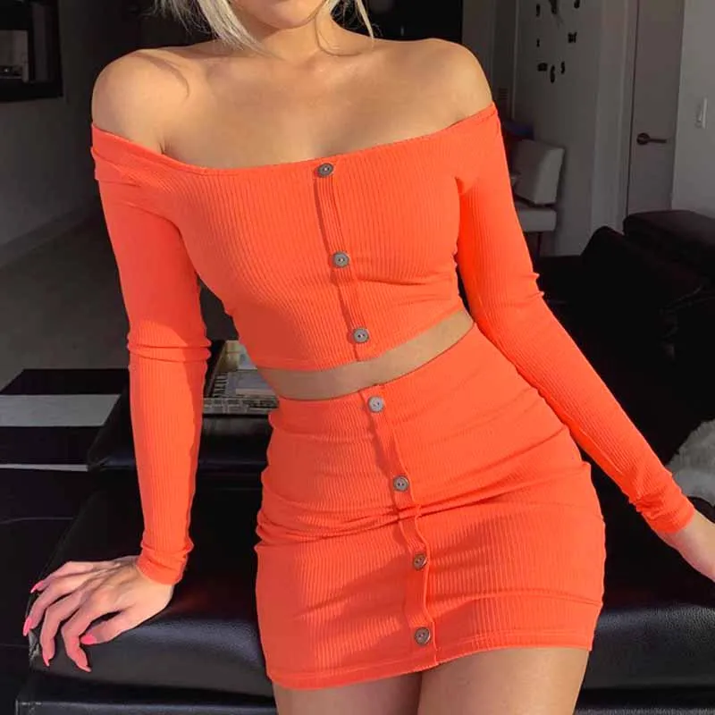 2019 Summer Orange Knitted Skirt Set 