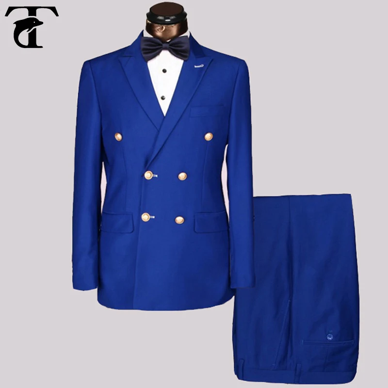 Wholesale Slim Fit Mens Golden Metal Buttons Suits Men Double Breasted Azul Hombre Blue Black Suit Point Lapel Blazer Masculine-animated-img