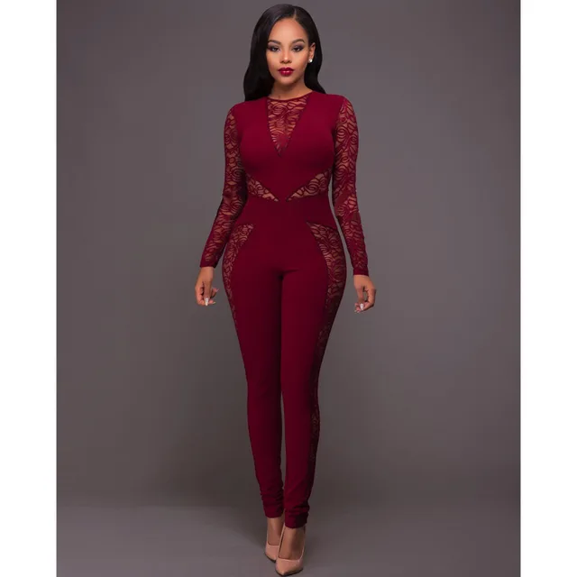 Long Sleeve Black Lace Jumpsuit Women 