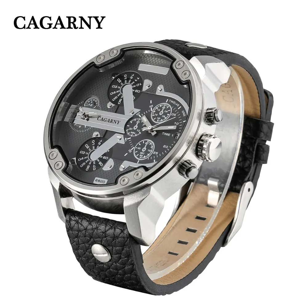 Big Watch Men Military Mens Watches Dual Time Zones Date Quartz Clock Man Leather Analog Sport Relogio Masculino Cagarny D6820-animated-img