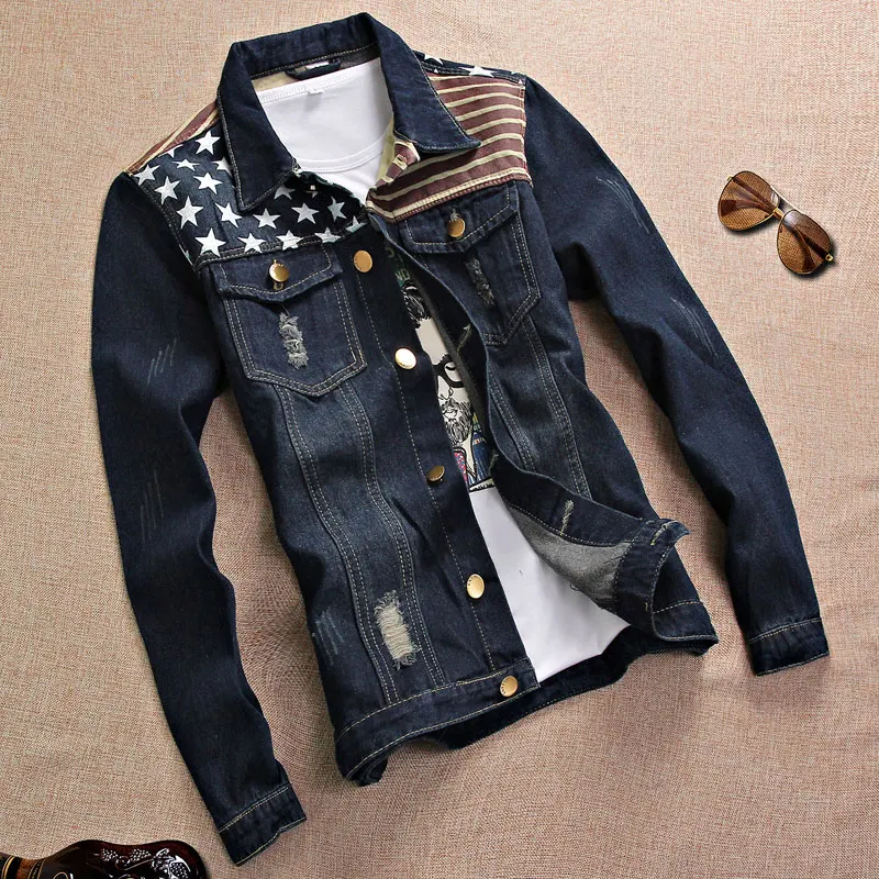 Nice Mens Denim Jacket Flag Embroidery 