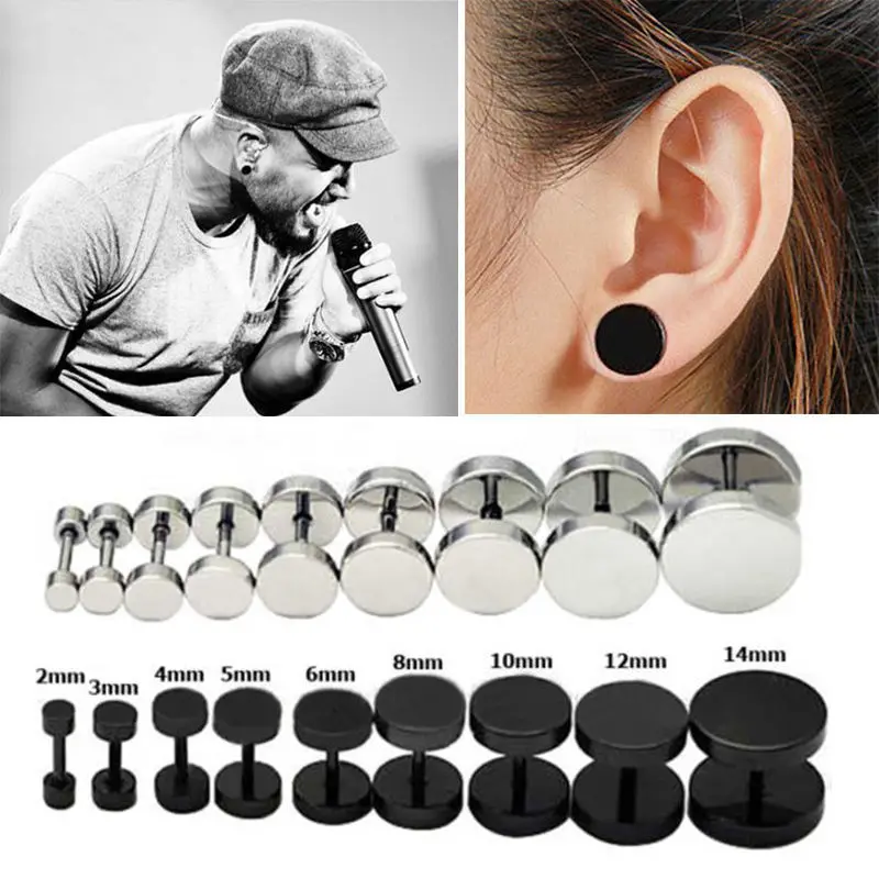 Punk Style Medical Titanium Black  Round Barbell Stud Earrings Women Men's Gothic Jewelry Rock  Piercing Earring 1 Pair-animated-img