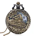 Vintage Retro Bronze Hollow Train Locomotive Steampunk Quartz Pocket Watch Women Men Necklace Pendant with Chain Birthday Gift