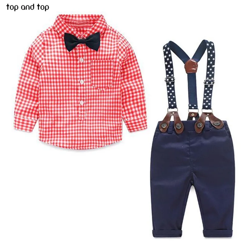2017 fashion kids clothes  grid shirt + suspender newborn Long sleeve baby boy clothes Bowknot  gentleman suit free shipping-animated-img