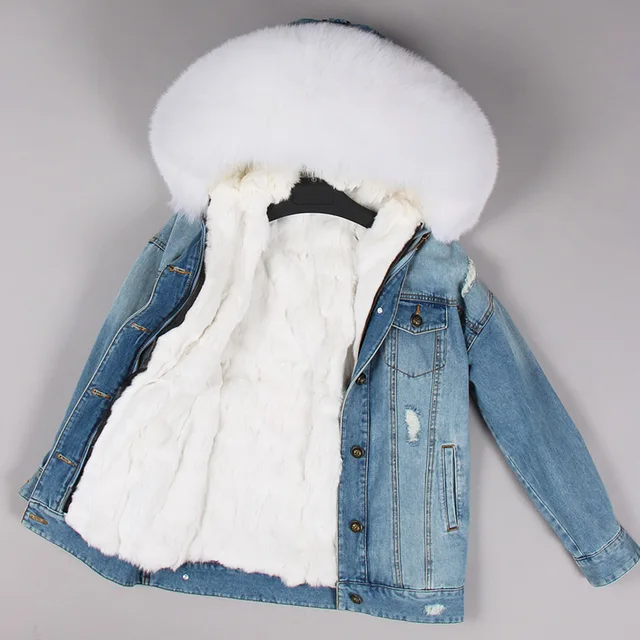 Maomaokong denim jacket natural fox fur 