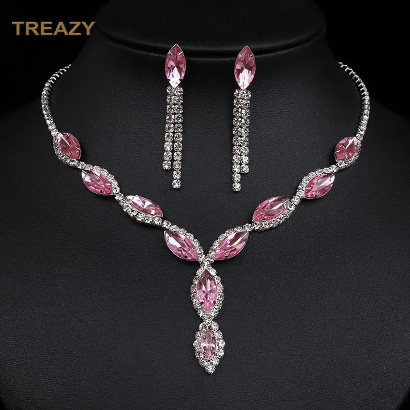 Fashion Leaf Tassel Wedding Jewelry Sets Charm Pink Crystal Choker Necklace Earrings Set Bridal Jewelry Sets Women Accessories-animated-img