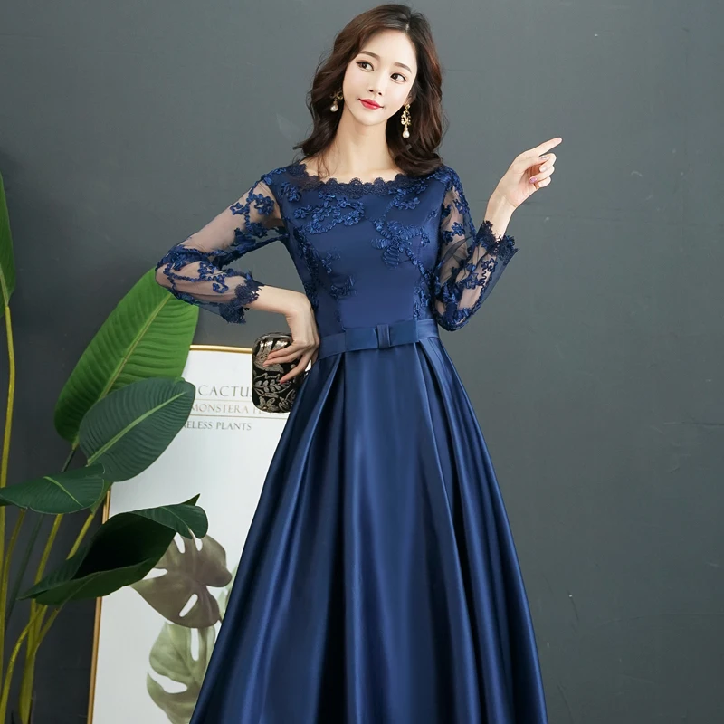 Navy Blue Long Sleeve Evening Dress 