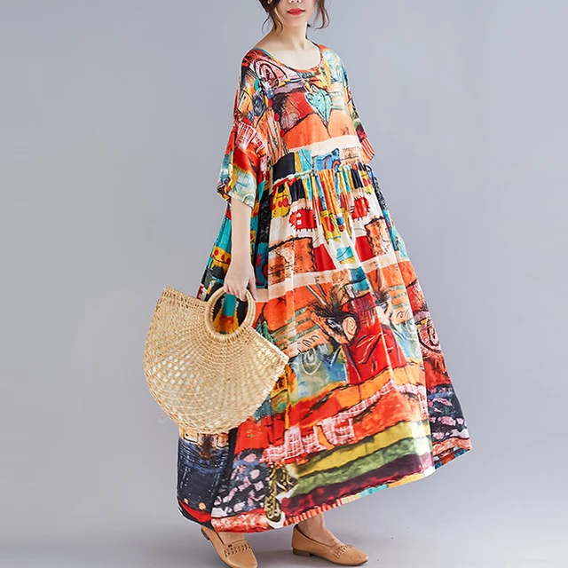 Summer Boho Dress Cotton Linen Floral 