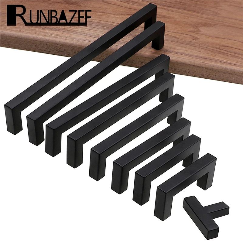 RUNBAZEF Modern Black Cabinet Handle Square Furniture Hardware Stainless Steel Kitchen Door Knobs Cupboard Wardrobe Drawer Pulls-animated-img