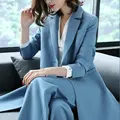 2018 אביב נשים 2 חלקים סטים מעיל טרנץ' ומכנסי רגליים רחבים חליפה משרד ליידי כחול דק בלייזר מעילים חליפות