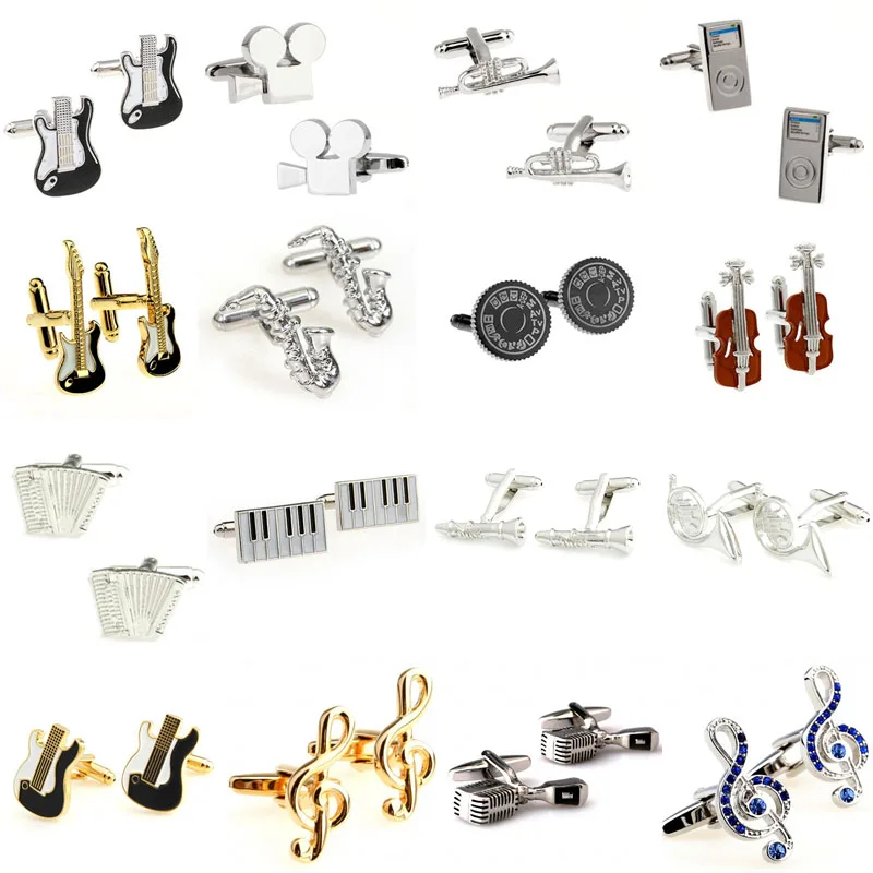 Fashion Stone Gold Music Note Guitar Trumpet Sax Piano Microphone Cufflink Cuff Link 1 Pair Big Promotion-animated-img