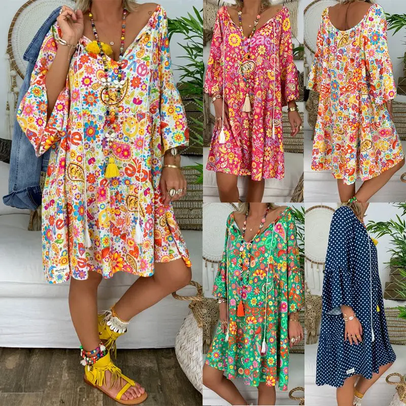 Summer Women Boho Floral Long Sleeve 