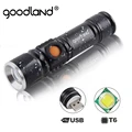 Goodland USB LED פנס נטען LED פנס פנס T6 סוללה כוח גבוה פנס טקטי לאופניים