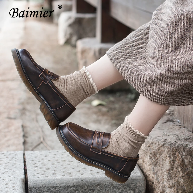 קנו נעלי נשים | Baimier Retro Genuine Leather Women Loafers British Round  Toe Oxford Shoes For Women Casual Slip On Flat Shoes For Women Flats