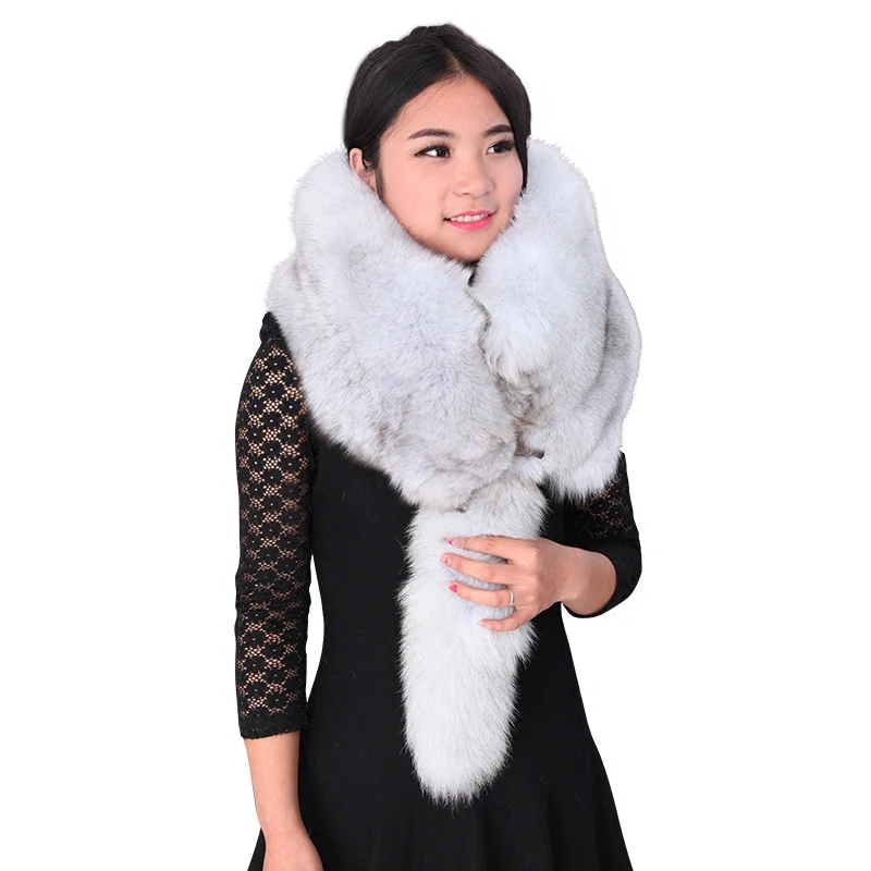 MS.Minshu Long Fox Fur Scarf Shawl Luxury Genuine Fur Boa Natural Whole Fox  Stole with Tails