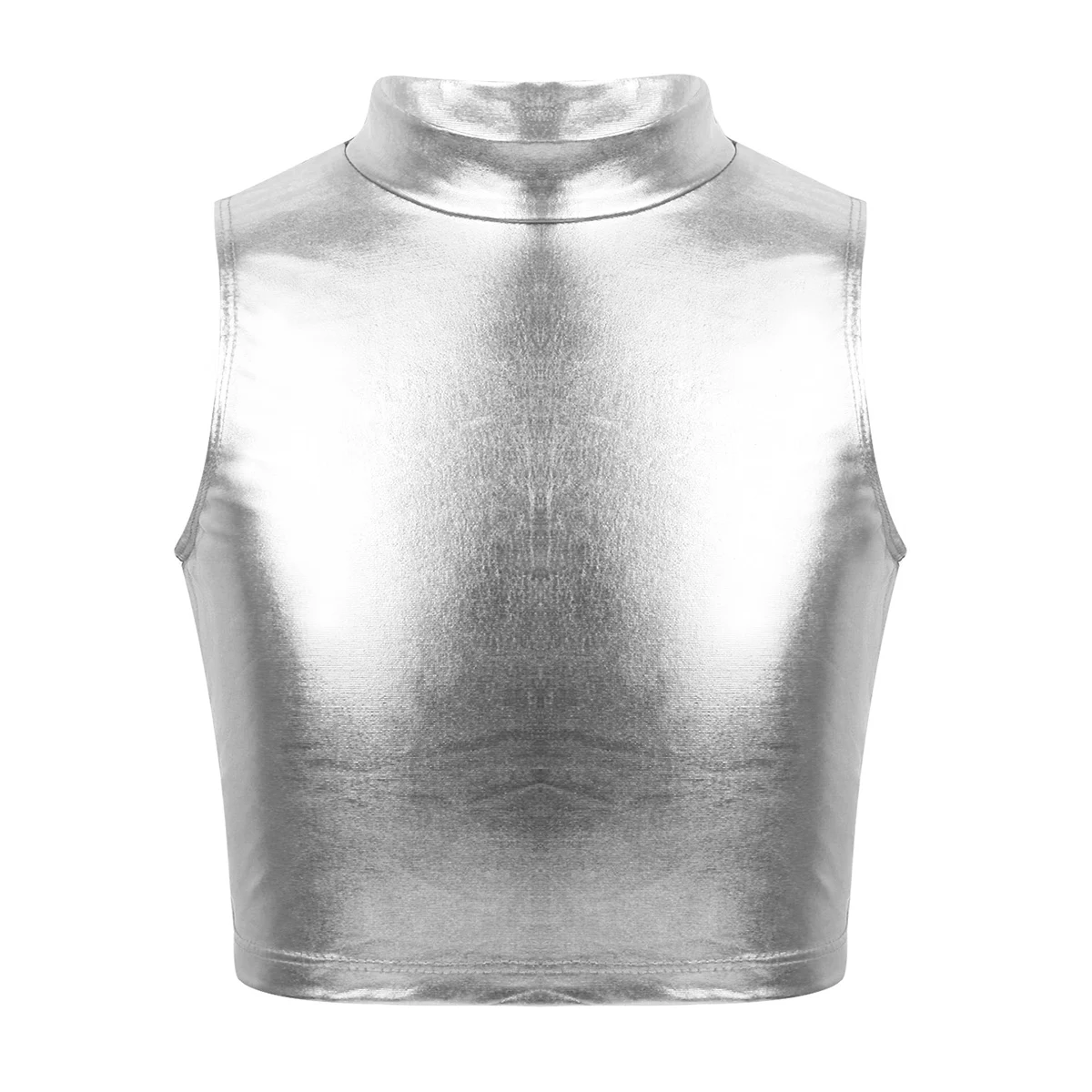 iiniim Kids Girls Mock Turtleneck Crop Top Metallic Shiny Long Sleeve Tank Top T-Shirt Dance Leotard