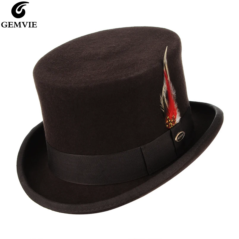 Wool Felt Top Hat With Feather Cylinder 