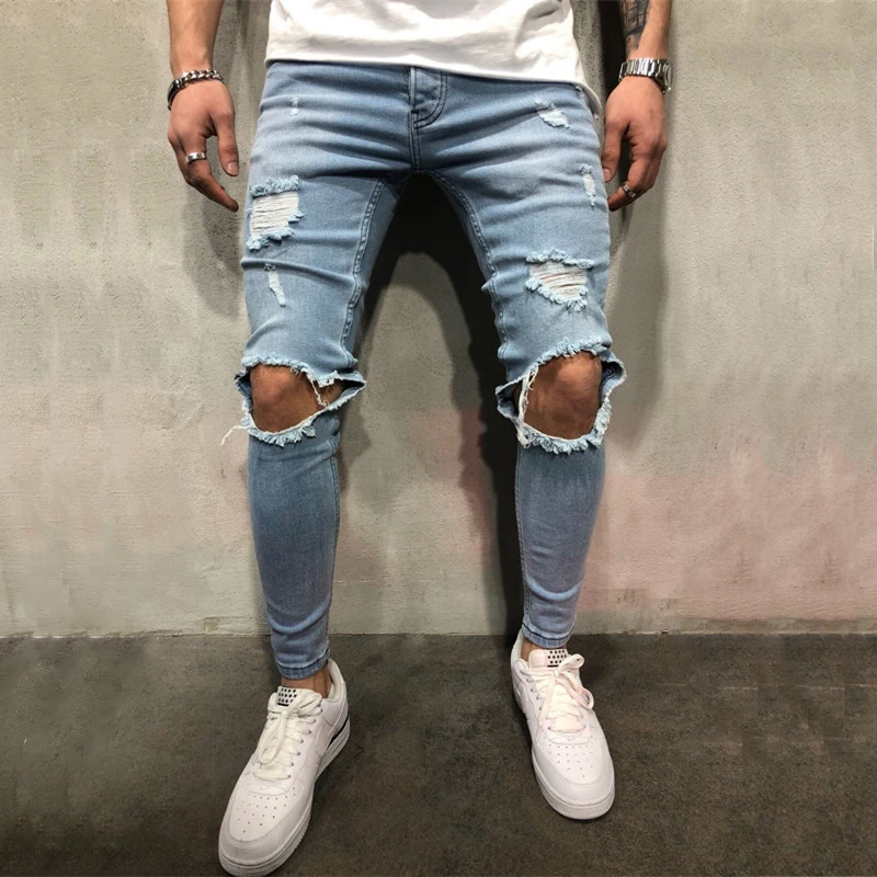 Acquistare Jeans uomo | Men Slim Fashion Knee Ripped Jeans high stretch Skinny  distressed Destroyed blue Denim Joggers Hip-hop Swag Hole Biker Jeans