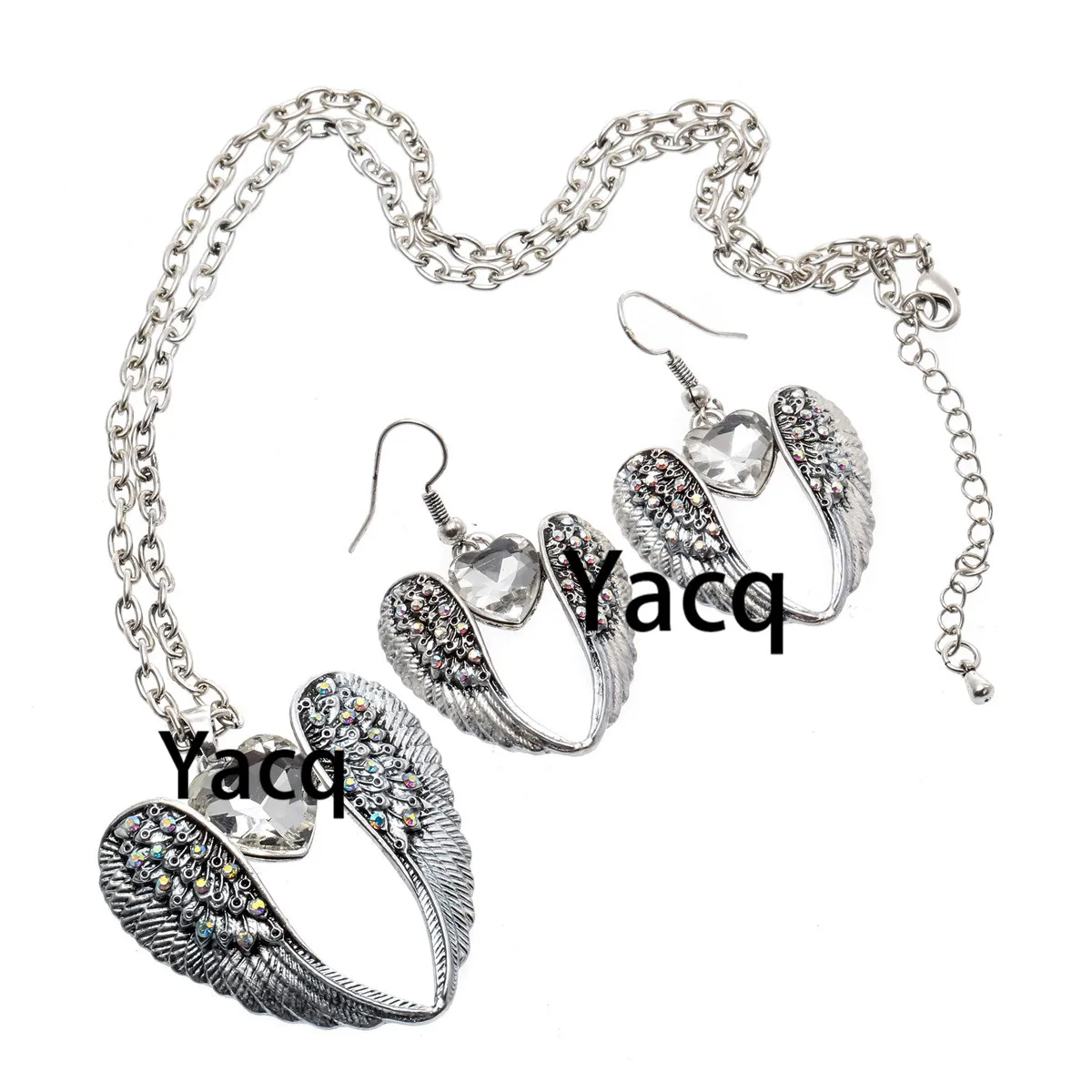YACQ Guardian Angel Wing Heart Necklace Earrings Sets Antique Silver Color Women Girls Crystal Jewelry Gifts Dropshipping ENC06-animated-img
