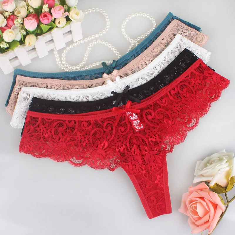 Women's Cotton Lace Panties Thong Lace Stitching V Waist Sexy T