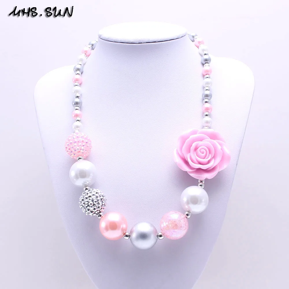 MHS.SUN Newest Design Grey+Pink Flower Kid Chunky Necklace Bubblegum Bead Baby Girl Chunky Necklace Jewelry For Toddler Children-animated-img