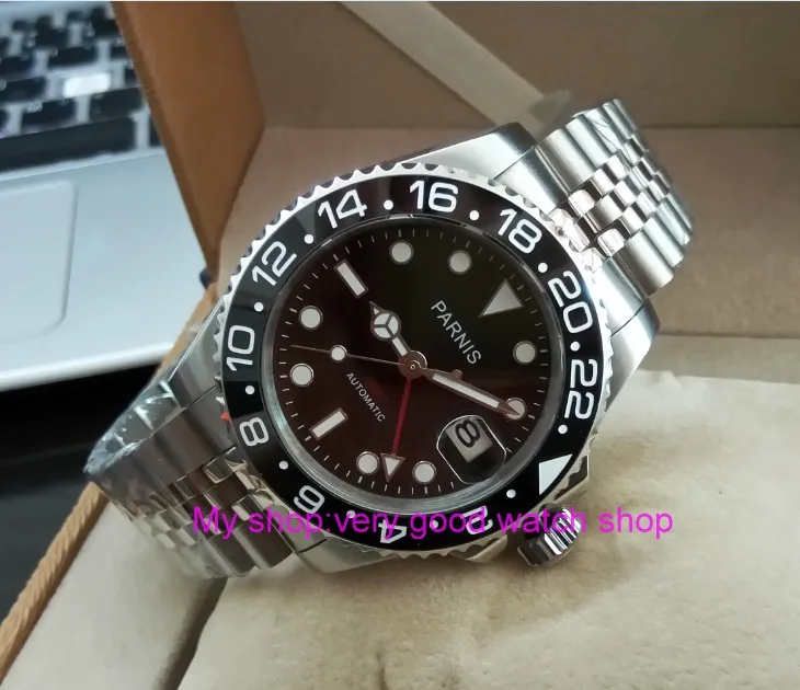 Acquistare Orologi da uomo | 40MM PARNIS GMT Automatic Self-Wind movement  black Ceramic bezel Sapphire Crystal luminous men's watch PA34-8