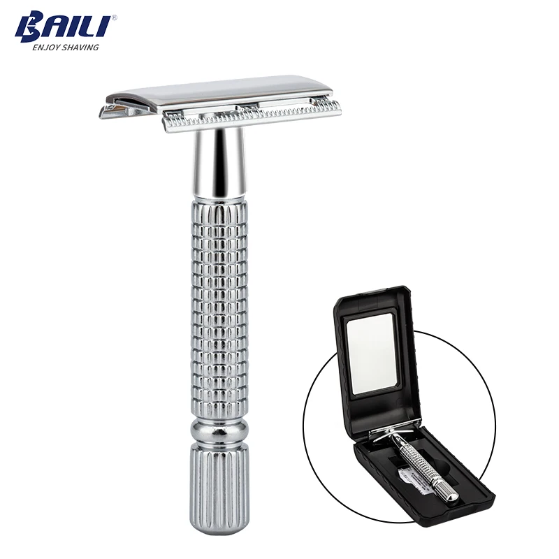 BAILI Men's Manual Shaving Safety Blade Razor Shaver Handle Barber Epilator Knife Beard Hair Care +1 Mirrored Travel Case BD171-animated-img