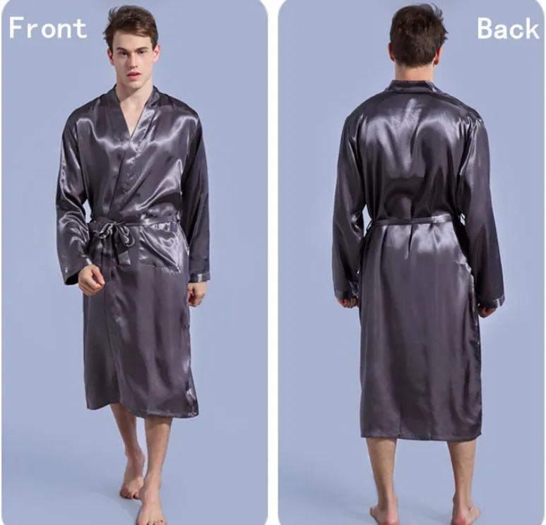 Αγορά Ανδρών ύπνου και σαλονιού  Solid plain Men's Satin rayon long Robe  Pajamas Lingerie Sleepwear Kimono Bath Gown Lounge Casual Male Nightgown  Sleepwear #4051