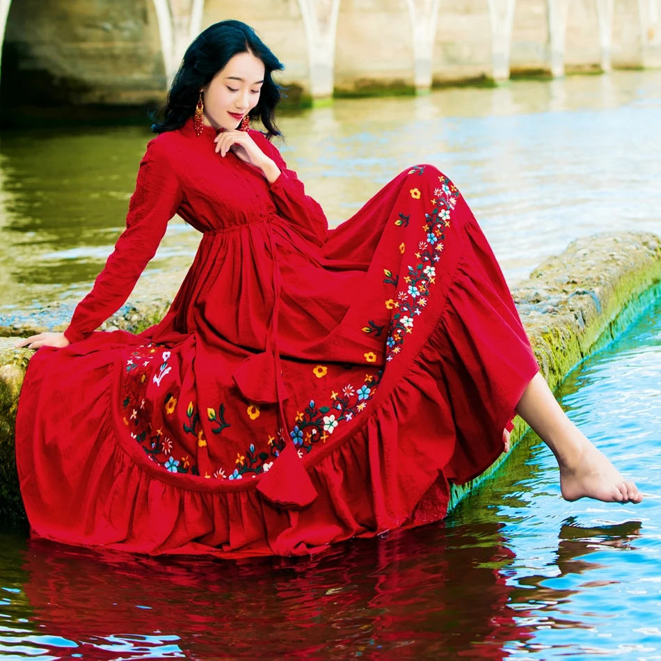 Khale Yose Red Floral Embroidery Long 