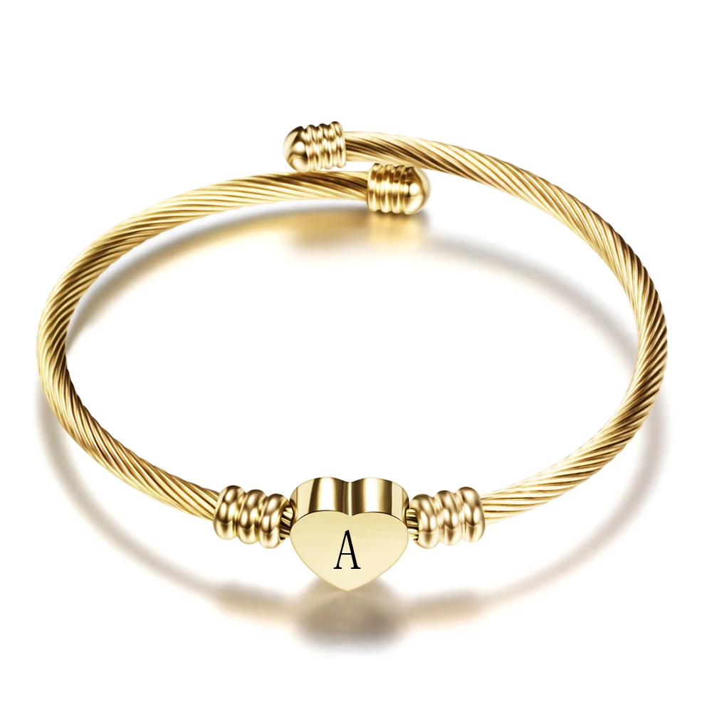 Fashion Girls Gold Color Stainless Steel Heart Bracelet Bangle With Letter Fashion Initial Alphabet Charms Bracelets For Women-animated-img