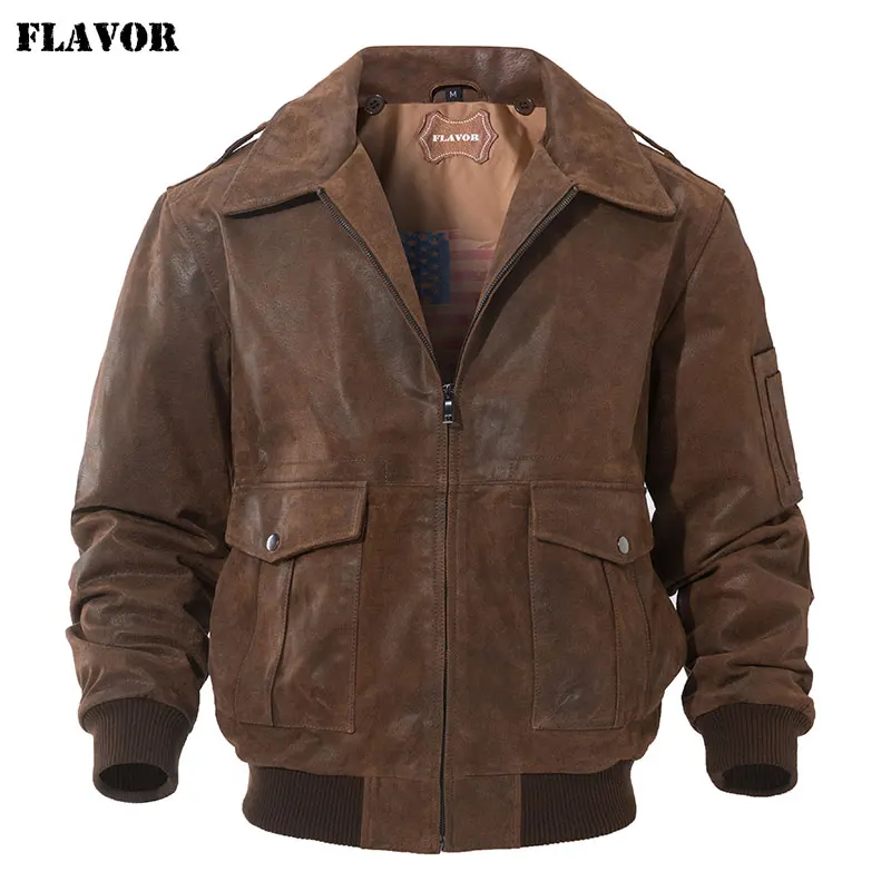 FLAVOR Men's Real Leather Bomber Jacket with Removable Fur Collar