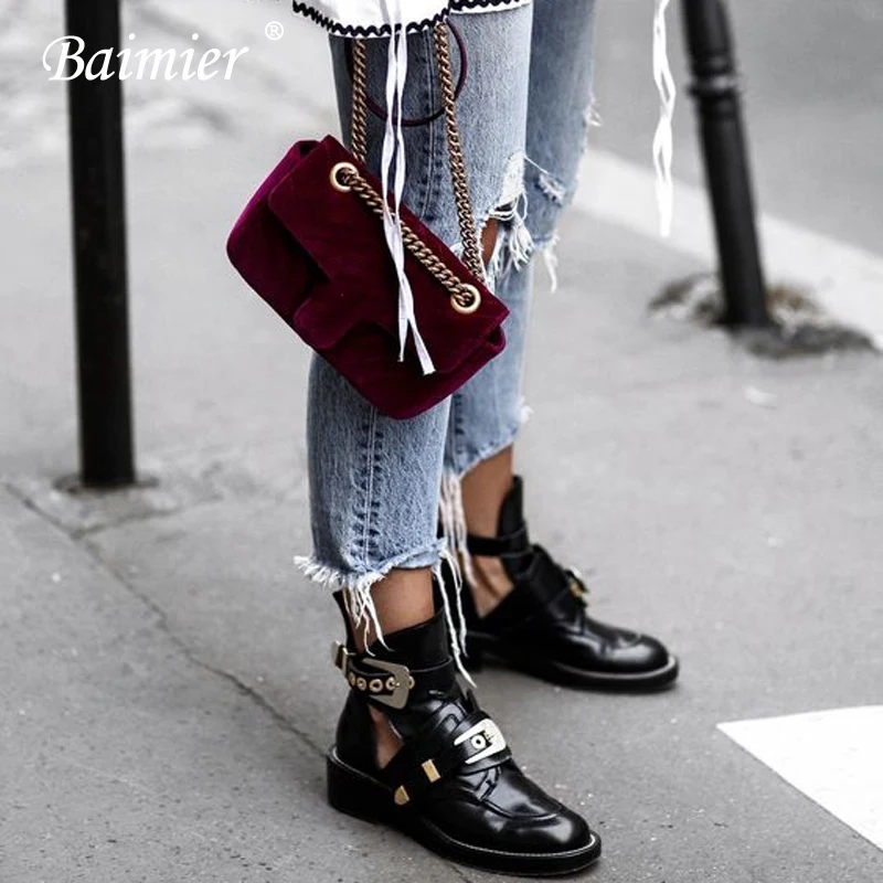 Baimier Gold Silver Buckle Ankle Boots 