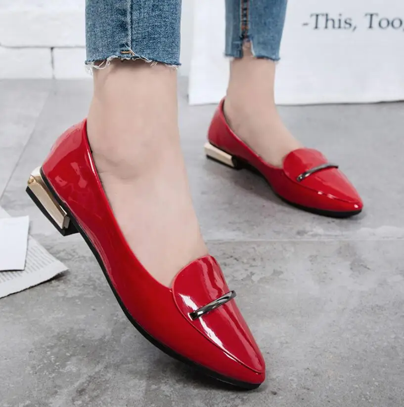 red patent leather pointed toe flats