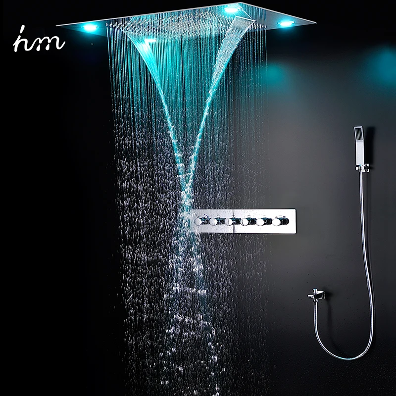 Luxury Led Rain Shower Set Large Massage Misty Rainfall Waterfall ShowerHead Panel 600*800MM  Bath Thermostatic Faucets System-animated-img