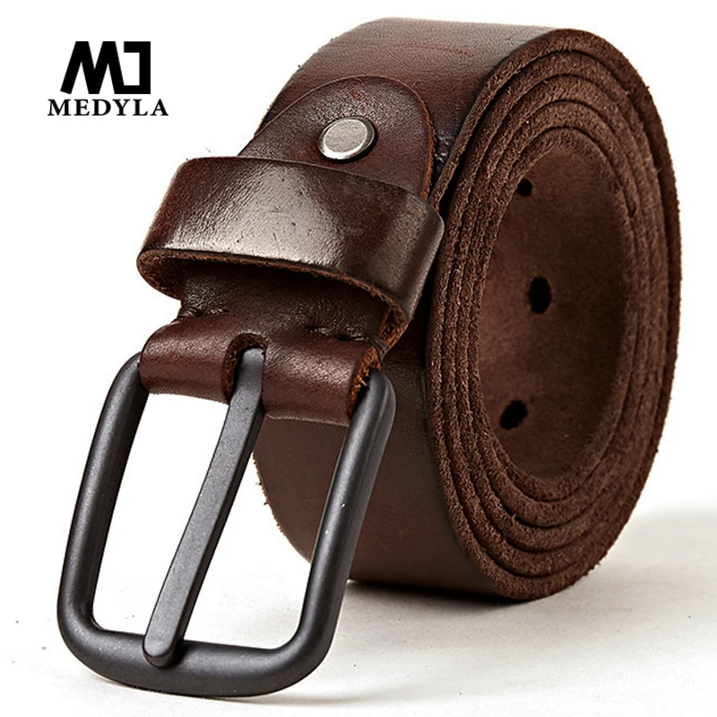 קנו חגורות גברים  MEDYLA genuine leather belts for men Soft Natural Cowhide  Mens Belt Hard Metal Metal Matt Black Buckle Real Leahter brown Belt