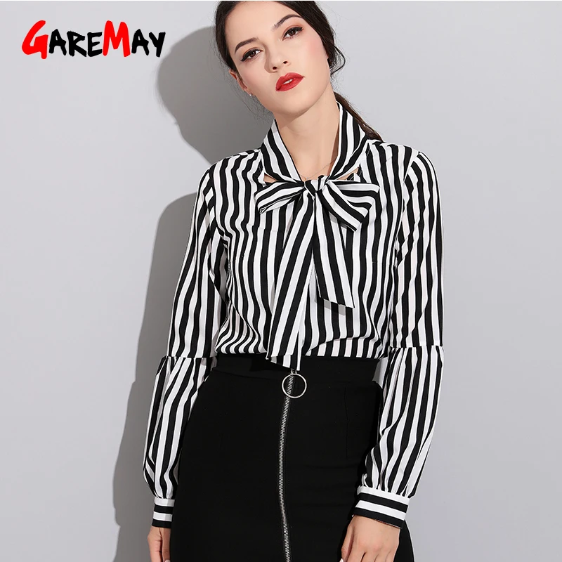 Black Bow Striped Blouse Work Shirt 
