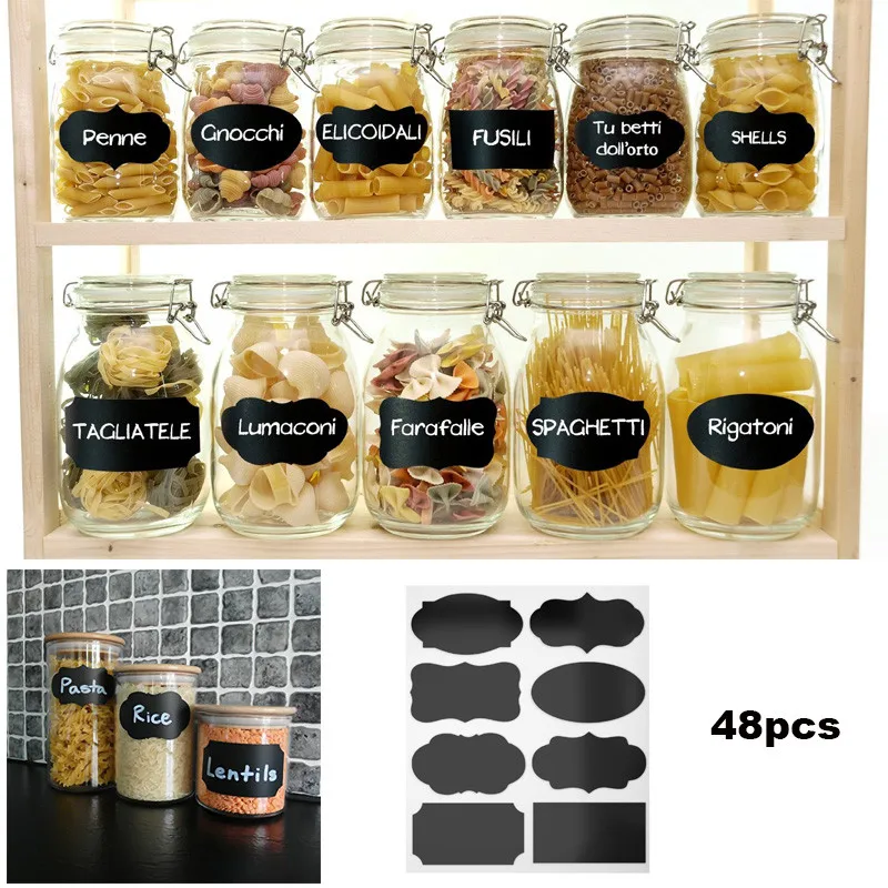 48pcs 5cmx3.5cm Reusable Kitchen Label Stickers Blackboard Sticker Candy Jam Jars Organizer Label Chalkboard Chalk Board Sticker-animated-img