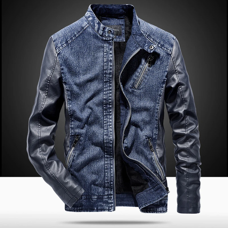 Leather Denim Jacket Men Autumn Fashion 