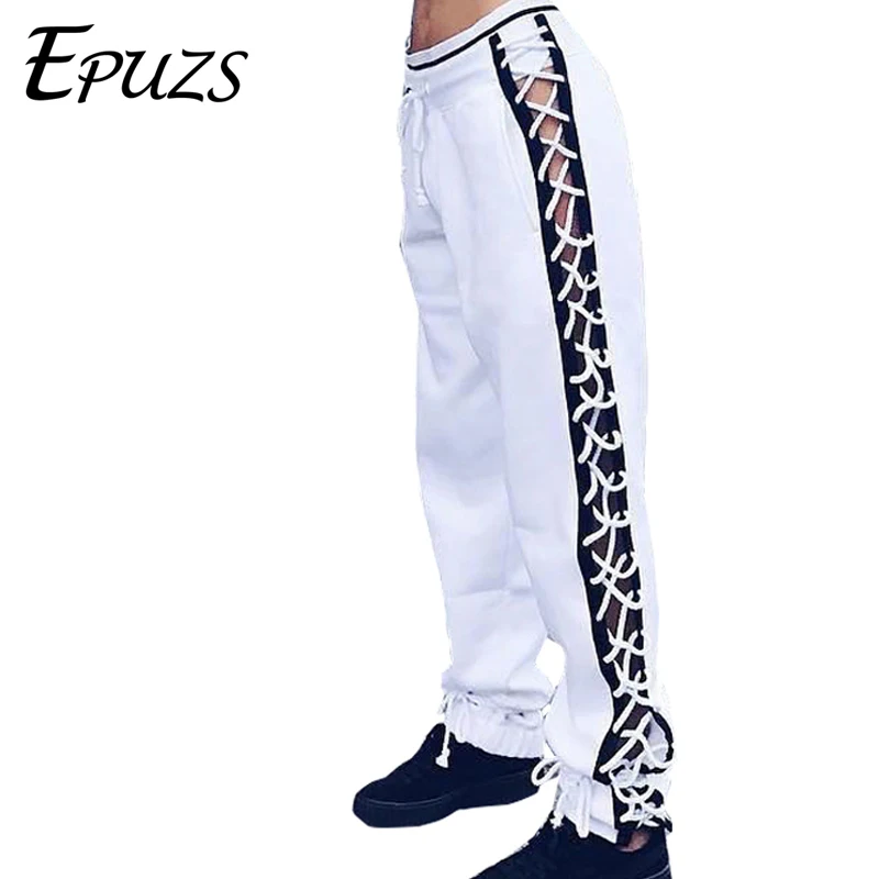 Black white side button lace up pants 