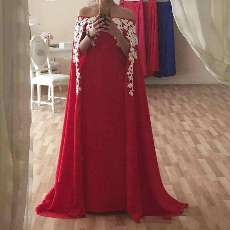 Chiffon Red Muslim Evening Dresses Cape 