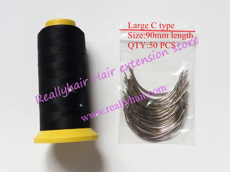 קנו כלי מספרה ואביזרים  Free shipping 50pcs Large type C hair weaving  needles curved needles with 1 roll Black thread Nylon weaving thread
