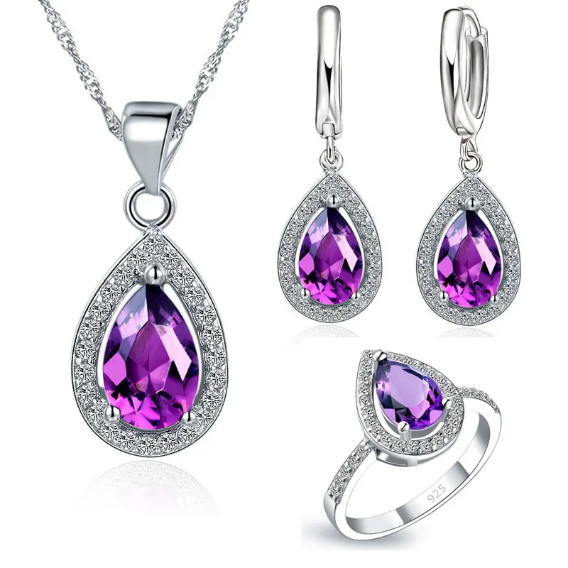 Free Ship Purple Jewelry Sets Water Drop Cubic Zirconia CZ Stone 925 Sterling Silver Earrings Necklaces Finger Rings-animated-img