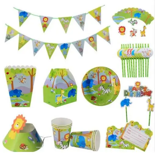 Agora Eortastika Promh8eies Party Jungle Animal Party Supplies 67pcs For 6kids Birthday Party Plate Cup Straw Banner Wrapper Invitation Candy Box Popcorn Box Hat