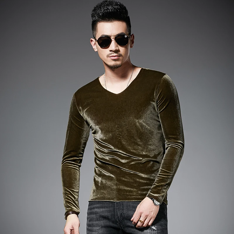 V Shape Solid Velvet Tshirt Men 