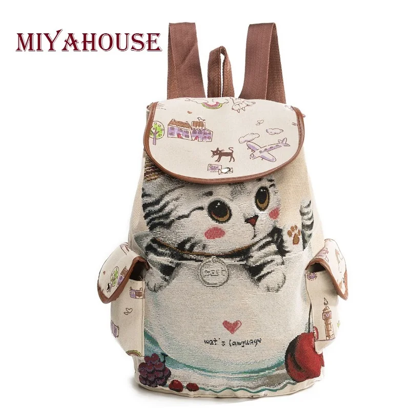 Miyahouse Casual Canvas School Backpack Women Lovely Cat Printed Drawstring Backpack Teenager Large Capacity Ladies School Bag-animated-img